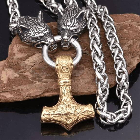 1 man's  Nordic zinc alloy Viking wolf head and hammer pendant necklace,Golden