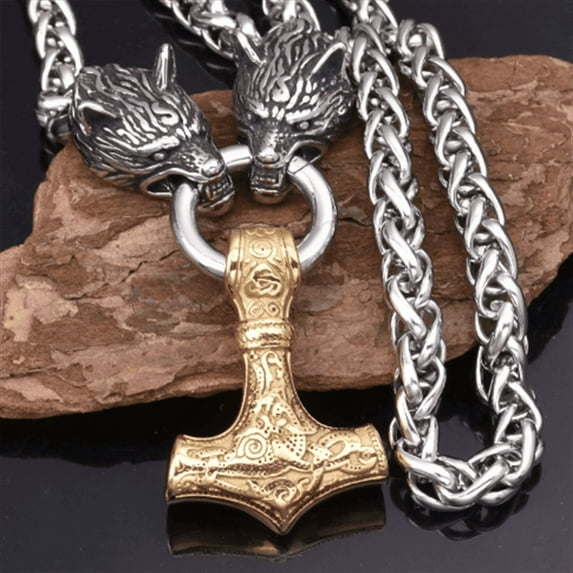 1 man's Nordic zinc alloy Viking wolf head and hammer pendant necklace,Golden