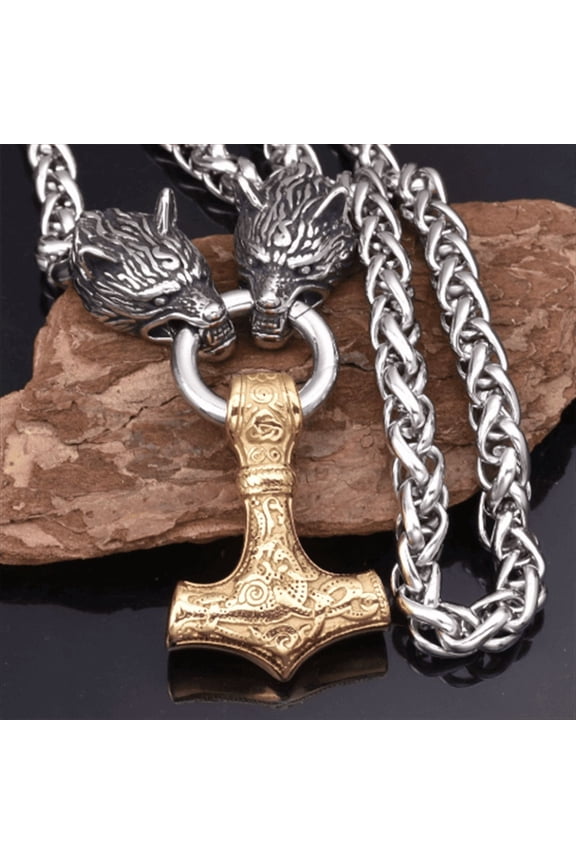 1 man's Nordic zinc alloy Viking wolf head and hammer pendant necklace,Golden