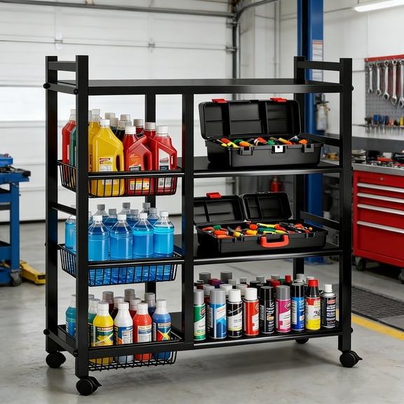 1 movable practical storage rack, adjustable 1/4 layer storage rack with wire basket, garage organization and storage wheeled garage shelves, suitable for industrial garages, pantry, kitchen, bathroo