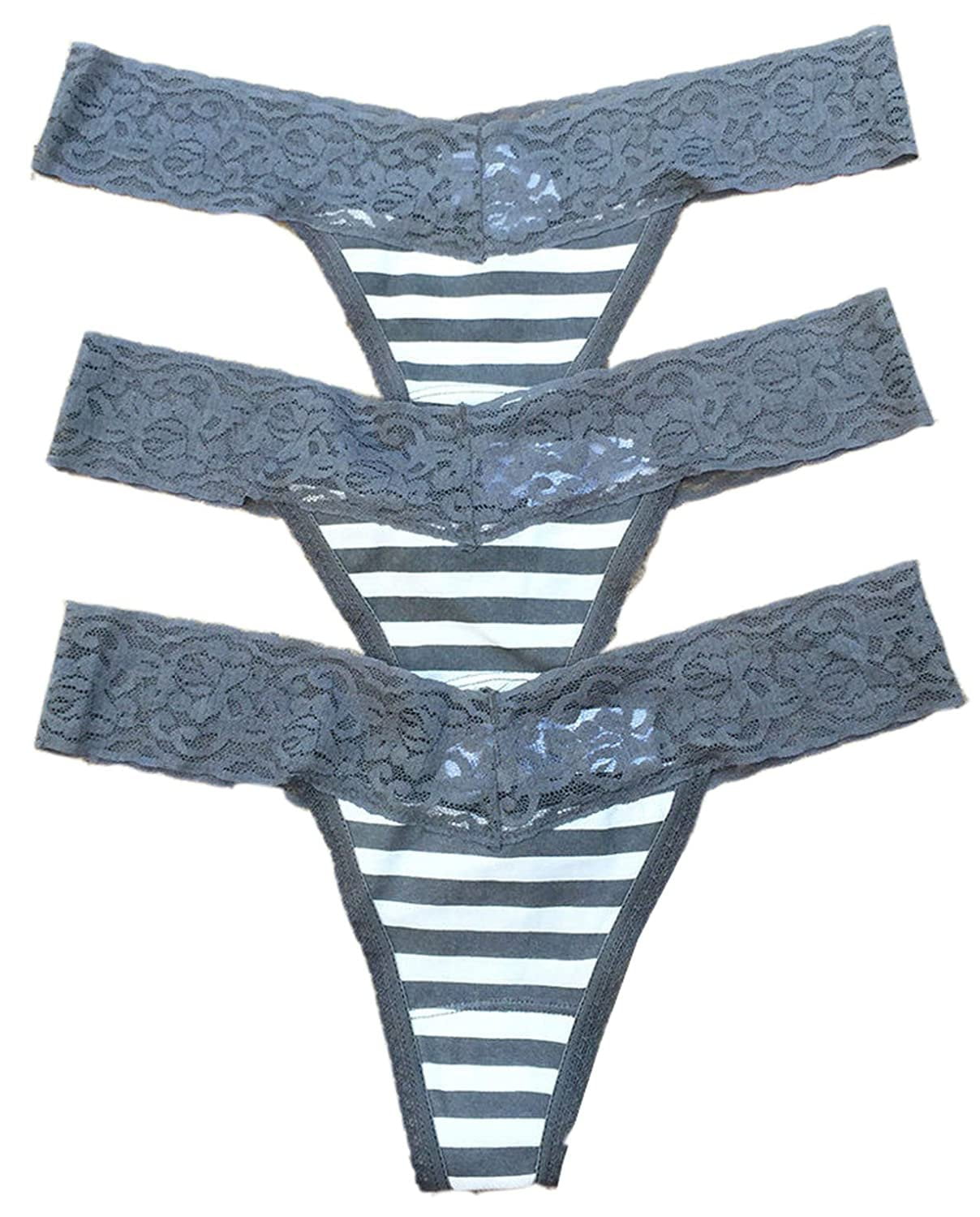 1 or 6 or 12 pieces Forever 21 Stripes Lace COTTON Thong Panty S/M/L (Gray)  (LARGE, 12 pieces Gray Thong) 