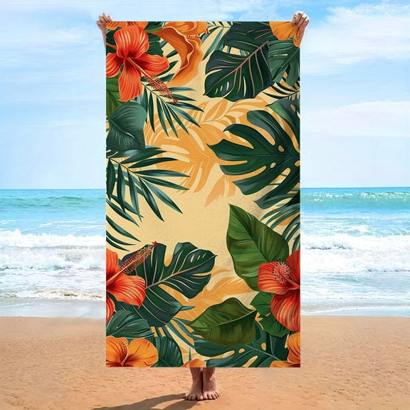 1 oversized tropical bath towel, bright orange hibiscus flower and dark green turtle bamboo leaf pattern, large size pool travel SPA towel unisex - light and good water absorption