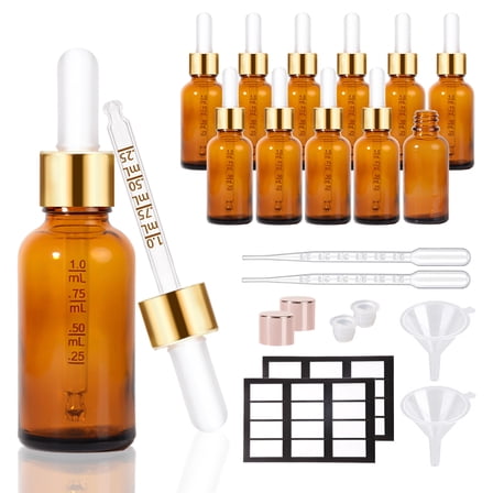 1 oz 12 Pack Amber Glass Bottles 30ml with Golden Caps, Extra Plastic Measured Pipettes, Labels, Funnel,Empty Tincture Bottles for Essential Oils
