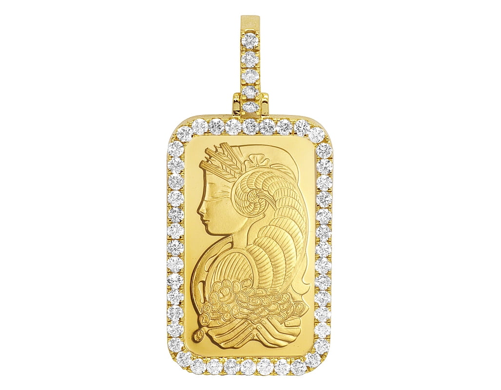 1 oz 24K Yellow Gold Fortuna Bar Frame Diamond Pendant 4.25