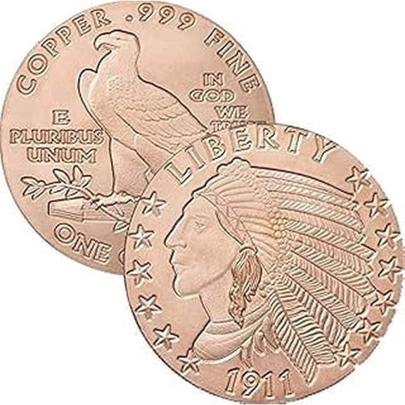 1 oz .999 Pure Copper Round/Challenge Coin (1911 Incuse Indian)