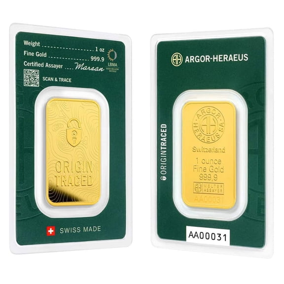 1 oz Argor Heraeus Origin Traced Gold Bar .9999 Fine (in Assay)