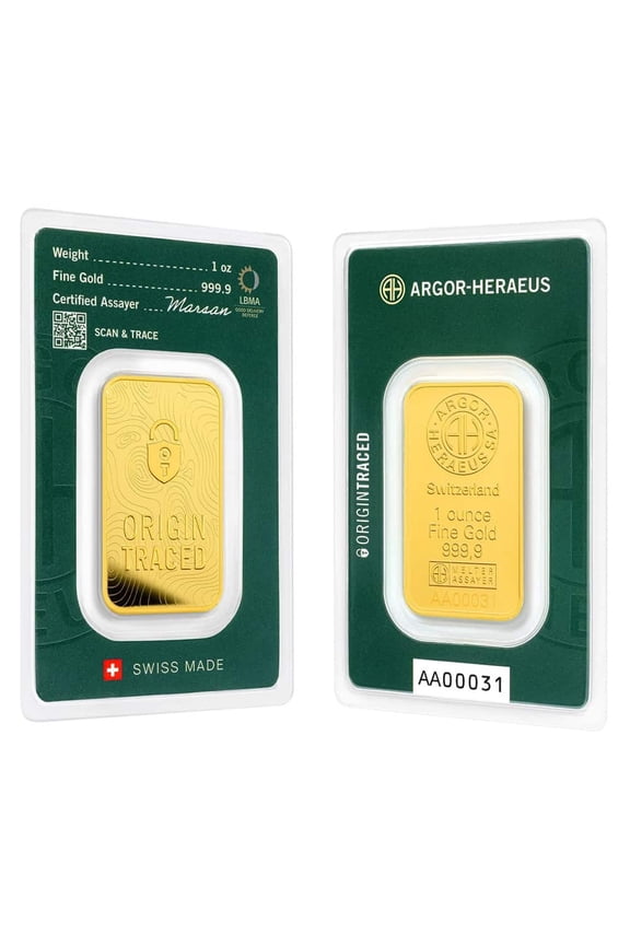 1 oz Argor Heraeus Origin Traced Gold Bar .9999 Fine (in Assay)