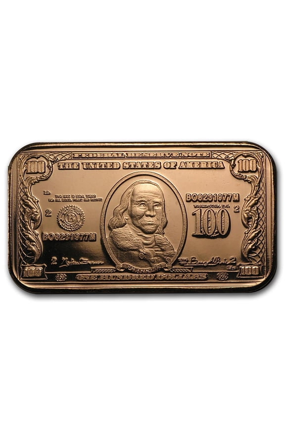 1 oz Copper Bar - $100 Benjamin Franklin Banknote Replica