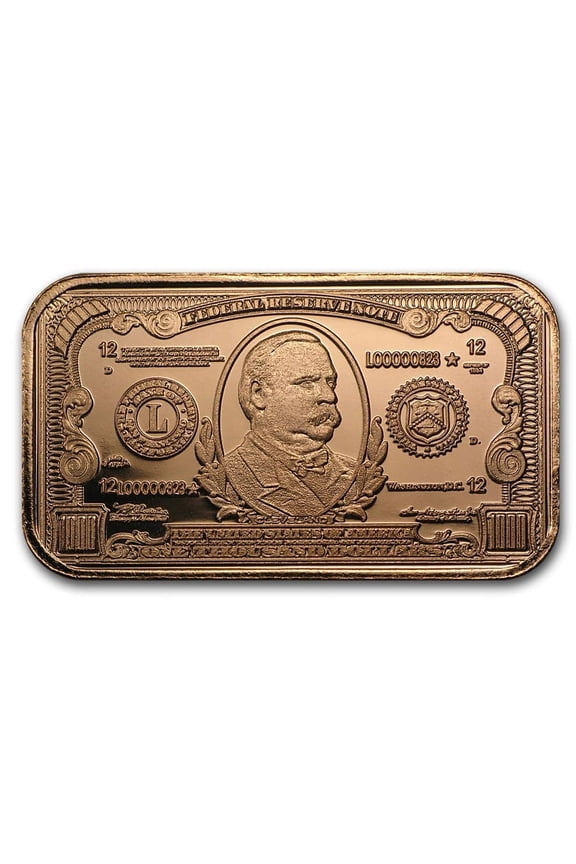 1 oz Copper Bar - $1000 Grover Cleveland Banknote Replica