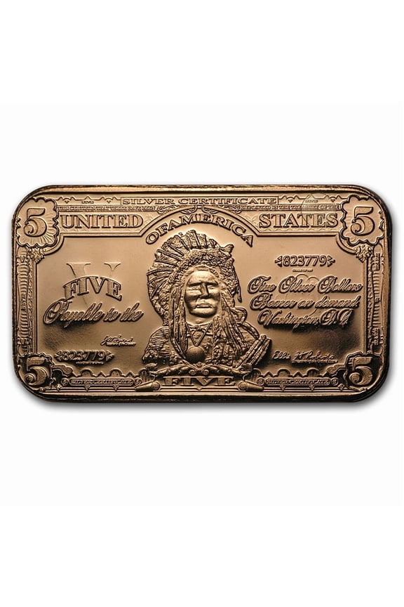 1 oz Copper Bar - $5.00 Indian Chief Banknote Replica