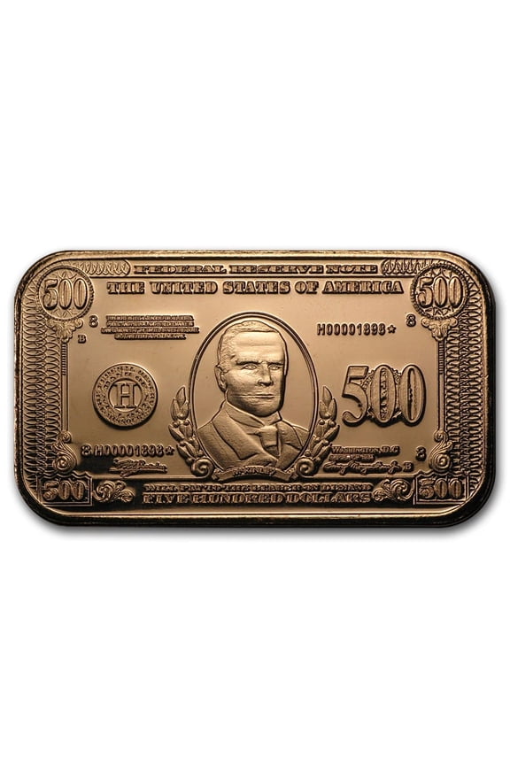 1 oz Copper Bar - $500 William McKinley Banknote Replica