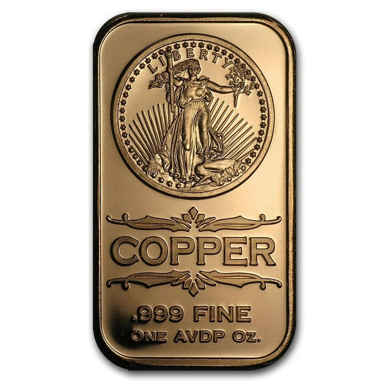 1 oz Copper Bullion Bar, Saint-Gaudens Design, .999 Fine Copper