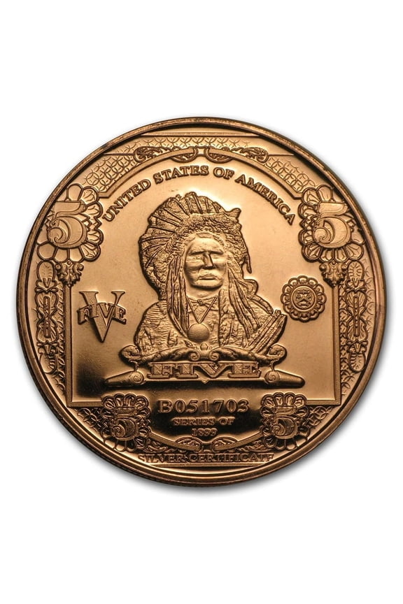1 oz Copper Round - $5.00 Indian Chief Banknote Replica