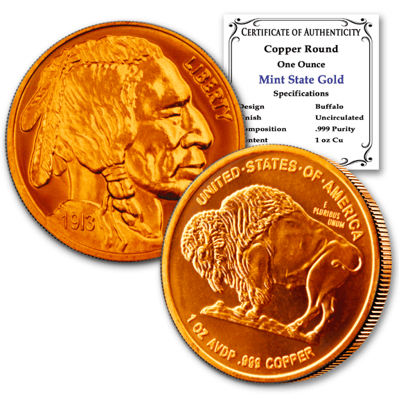 1 oz. Copper Round .999 Pure - Buffalo Nickel Design with Certificate of Authenticity