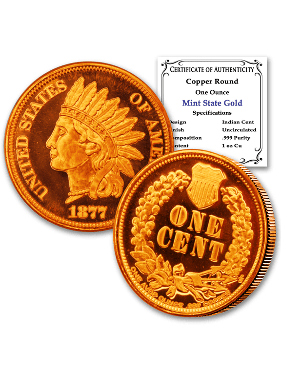 1 oz. Copper Round .999 Pure - Indian Cent Design with Certificate of Authenticity