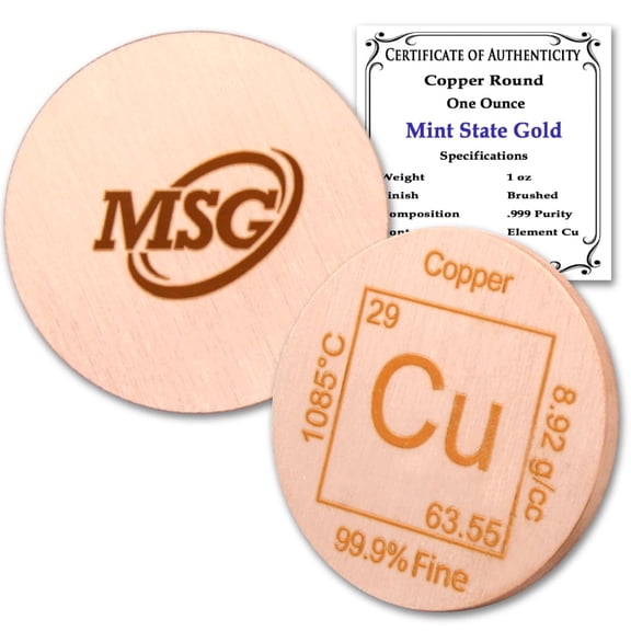 1 oz Copper Round .999 Pure Paperweight - Element Design with Certificate of Authenticity