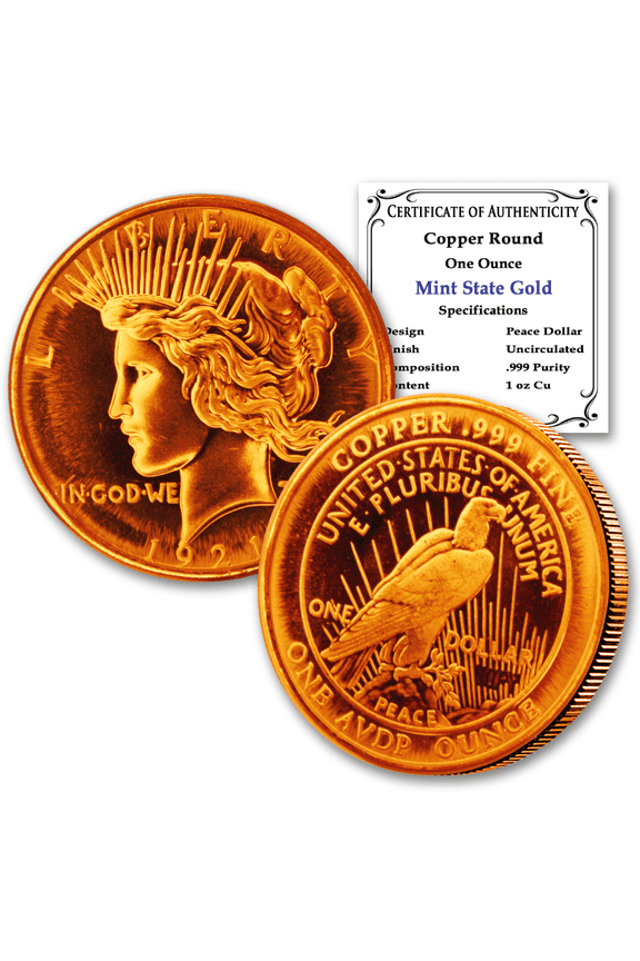 1 oz. Copper Round .999 Pure - Peace Dollar Design with Certificate of Authenticity