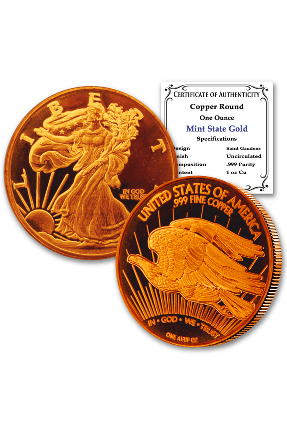 1 oz. Copper Round .999 Pure  - Walking Lib/St Gaudens Design with Certificate of Authenticity