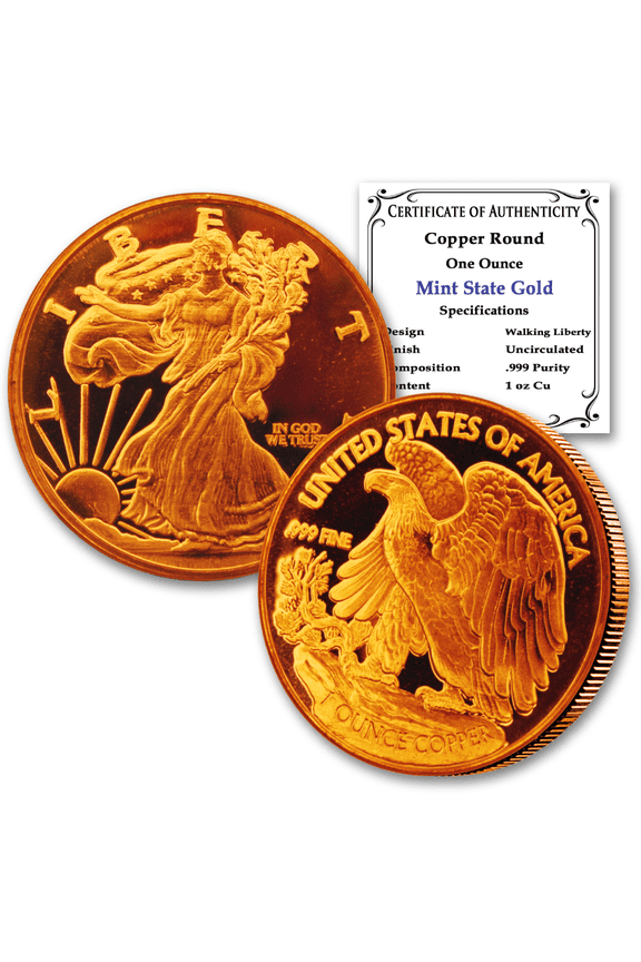 1 oz. Copper Round .999 Pure - Walking Liberty Design with Certificate of Authenticity