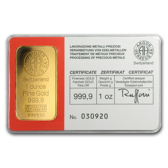 1 oz Gold Bar - Argor-Heraeus (Vintage, In Assay)