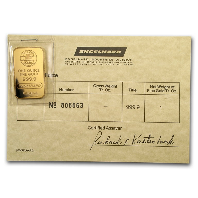 1 oz Gold Bar - Engelhard (w/Vintage Assay Certificate) - Walmart.com