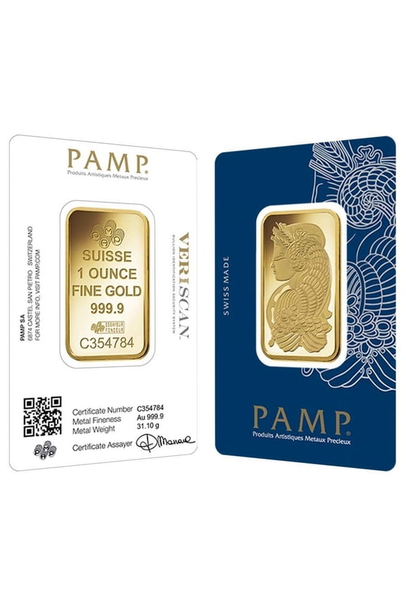 1 oz Gold Bar PAMP Suisse Lady Fortuna Veriscan .9999 Fine (in Assay)