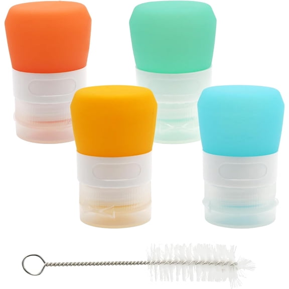 1 oz Mini Silicone Salad Dressing Containers, 4 Pack Sauce Containers for Lunch Box, Travel Condiment Bottles with Secure Lids, Wide Mouth Squeeze Bottles for Sauces, Ketchup, Toiletries 