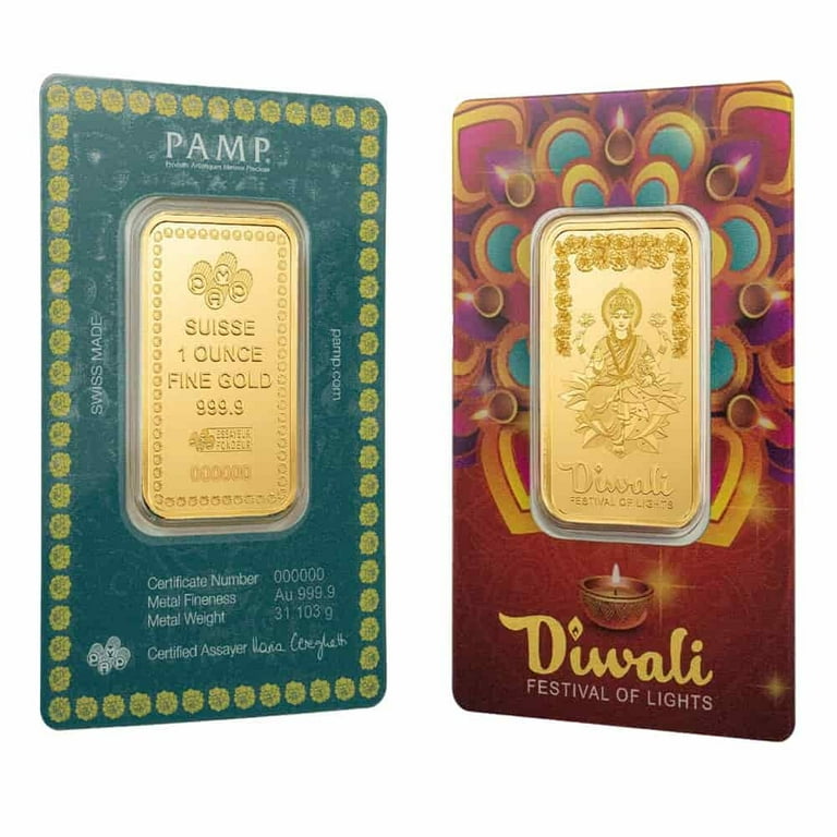 1 oz PAMP Suisse Diwali Lakshmi Gold Bar .9999 Fine (Rangoli Assay