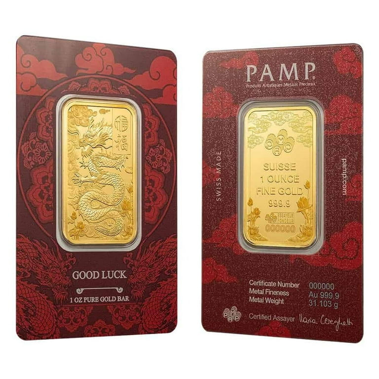 1 oz PAMP Suisse Good Luck Yellow Dragon Gold Bar .9999 Fine