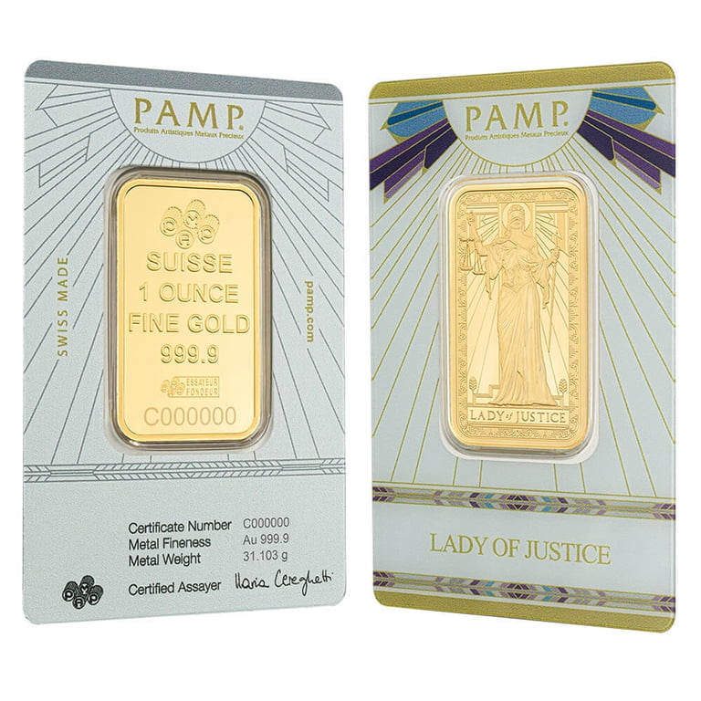 1 oz PAMP Suisse Lady of Justice Gold Bar .9999 Fine (in Assay