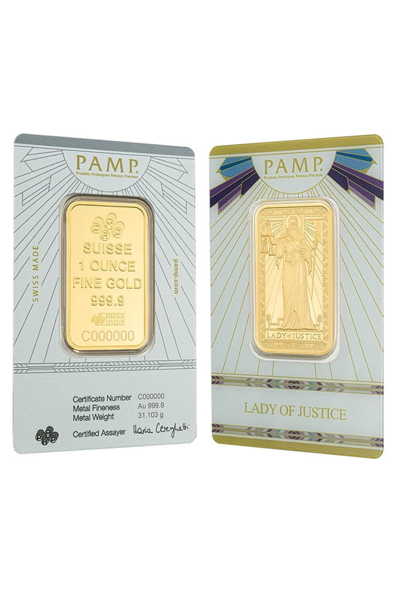 1 oz PAMP Suisse Lady of Justice Gold Bar .9999 Fine (in Assay)