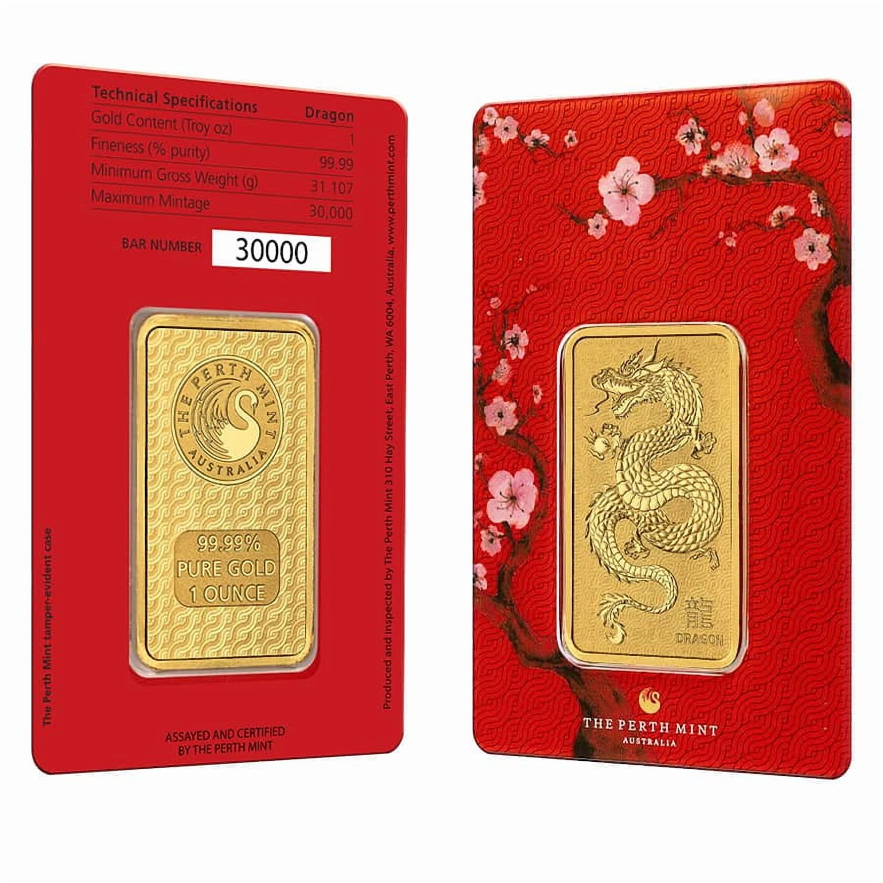 1 oz Perth Mint Lunar Year of the Dragon Gold Bar .9999 Fine (in Assay)