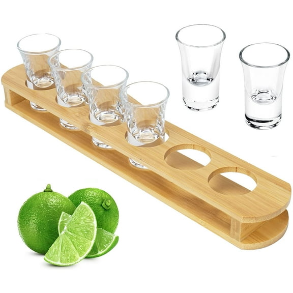 1 oz Shot Glasses with Holder, Shot Glass Set in Bamboo Wooden Shot Tray, 6 Heavy Base Shot Glasses for Whiskey/Vodka/Tequila/Cocktail/Soju, Shot Serving Tray, Good Helper for Bar/Restaurant/Party