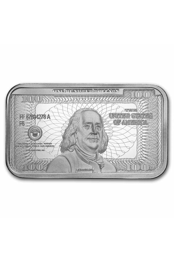 1 oz Silver Bar Ben Franklin $100 Bill Design