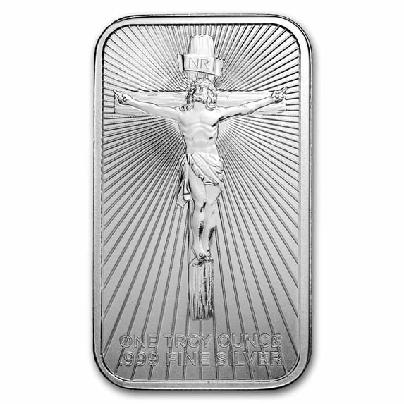 9Fine Mint 1 oz silver bar depicting Jesus on the cross with flowers, .999 fine silver