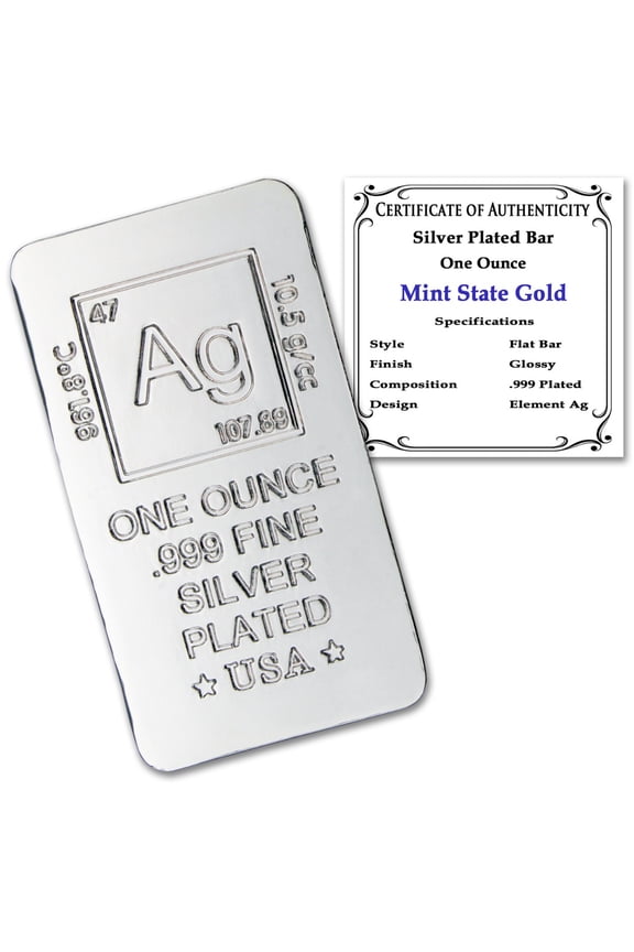 1 oz Silver Plated Bar (Flat Style) .999 Pure Paperweight - Element Design with Certificate of Authenticity