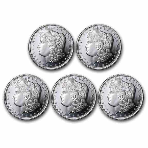 Silver 1 oz Morgan Dollar Design round, .999 fine silver collectible bullion, lot of 5