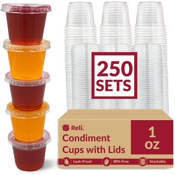 1 oz Small Containers with Lids (250 Sets) | Jello Shot Cups Clear Plastic Condiment Portion Cups, Sauce, Souffle Stackable Bulk