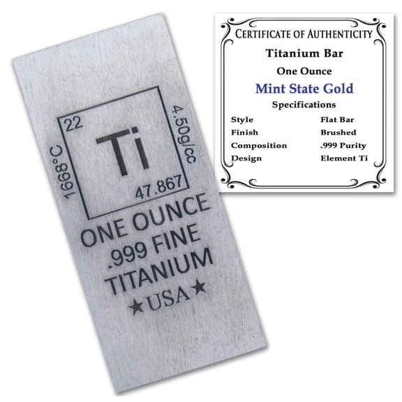 1 oz Titanium Bar (Flat Style) .999 Pure Paperweight - Element Design with Certificate of Authenticity
