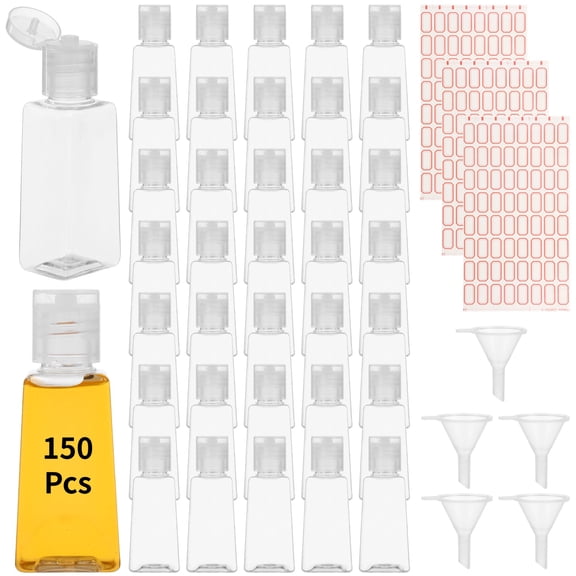 150 Pcs 1 Oz Travel Bottles, Clear Refillable Containers with Flip Caps, Include 5 Plastic Funnels & 3 Label Stickers, Portable Empty Cosmetic Bottles for Shampoo, Body Wash, Face Cream, Toiletries