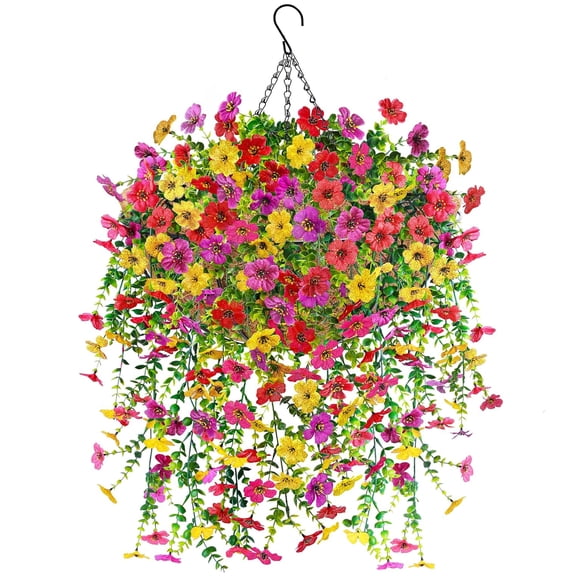 Miracliy 1 Pack Artificial Hanging Flower Basket with 4 Mixed Color Silk Flower Vines for Home Patio Decor