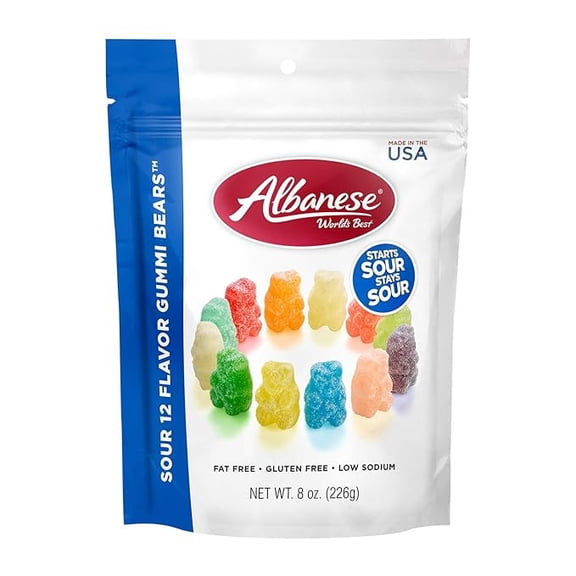 (1 pack) Albanese World's Best Sour 12 Flavor Gummi Bears | 8oz Bag of Candy | 12 Unique Super Sour Flavors, Gluten Free, Fat Free, Soft and Chewy Gummy Bears | Perfect Travel Snack