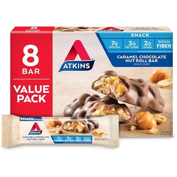 (1 pack) Atkins Caramel Chocolate Nut Roll Snack Bar, Protein Snack, High in Fiber, 2g Sugar, 8 Count