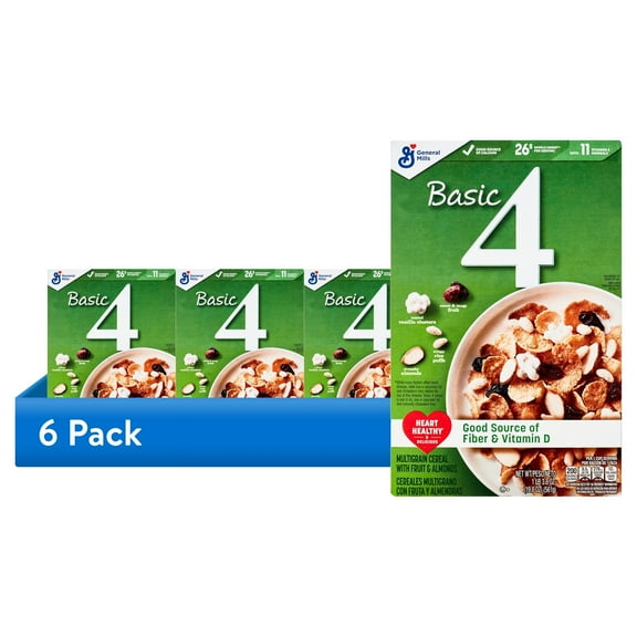 (6 pack) Basic 4 Heart Healthy Cereal, Fruit and Nut Fiber Cereal with Whole Grain, 19.8 oz