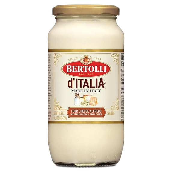 (1 pack) Bertolli d'Italia Four Cheese Alfredo Sauce, Authentic Tuscan Style Pasta Sauce Made in Italy with Fresh Cream and Indulgent Aged Italian Cheeses, 16.9 OZ
