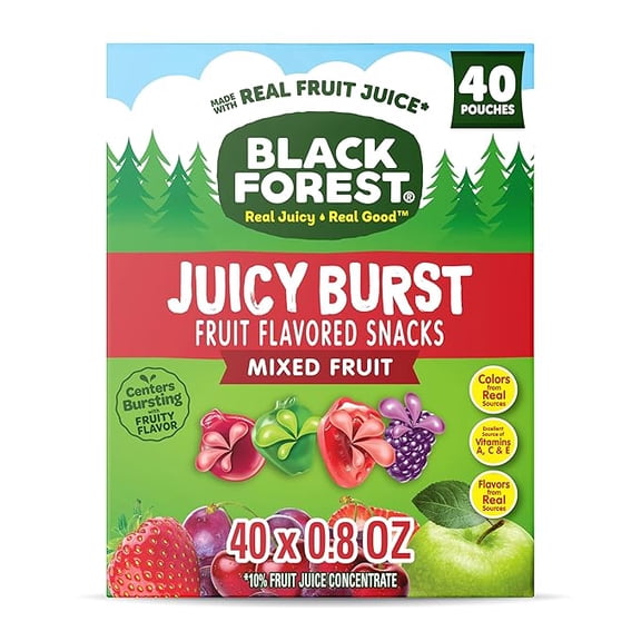 (1 pack) Black Forest, Juicy Burst, Fruit Flavored Snacks, Mixed Fruit Flavors, A Juicy Burst of Natural Flavors, Made with Real Fruit Juice, 0.8 oz 40 ct