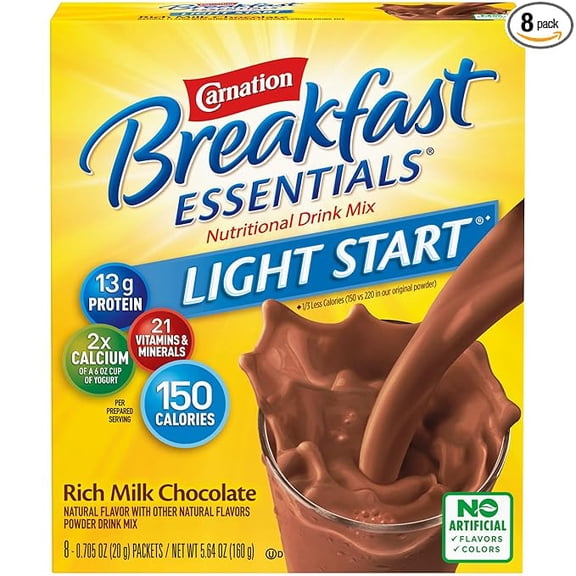 (1 pack) Carnation Breakfast Essentials Light Start Powder Drink Mix, Rich Milk Chocolate, 8 Count Box of Packets