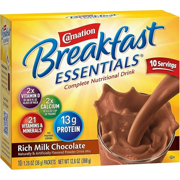 (1 pack) Carnation Breakfast Essentials Powder Drink Mix, Rich Milk Chocolate, 10 Count Box of Packets