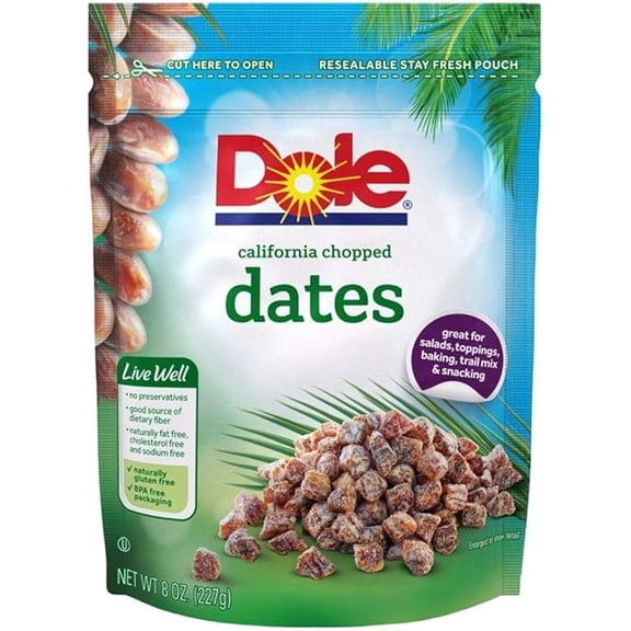 (1 pack) Dole California Chopped Dates, Dried Fruit, Gluten Free Snack, 8 Oz Bag