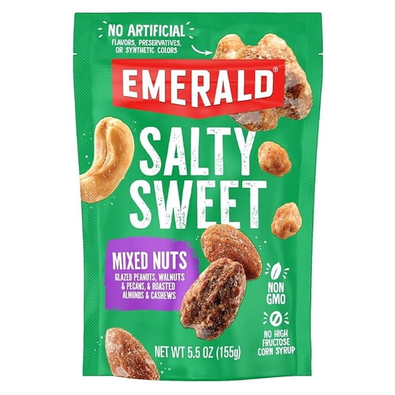 (1 pack) Emerald Nuts Salty Sweet Mixed Nuts (1-Pack), Features Kettle Glazed Peanuts, Almonds, Cashews, Kettle Glazed Walnuts, Kettle Glazed Pecans, 5.5oz Resealable Bag